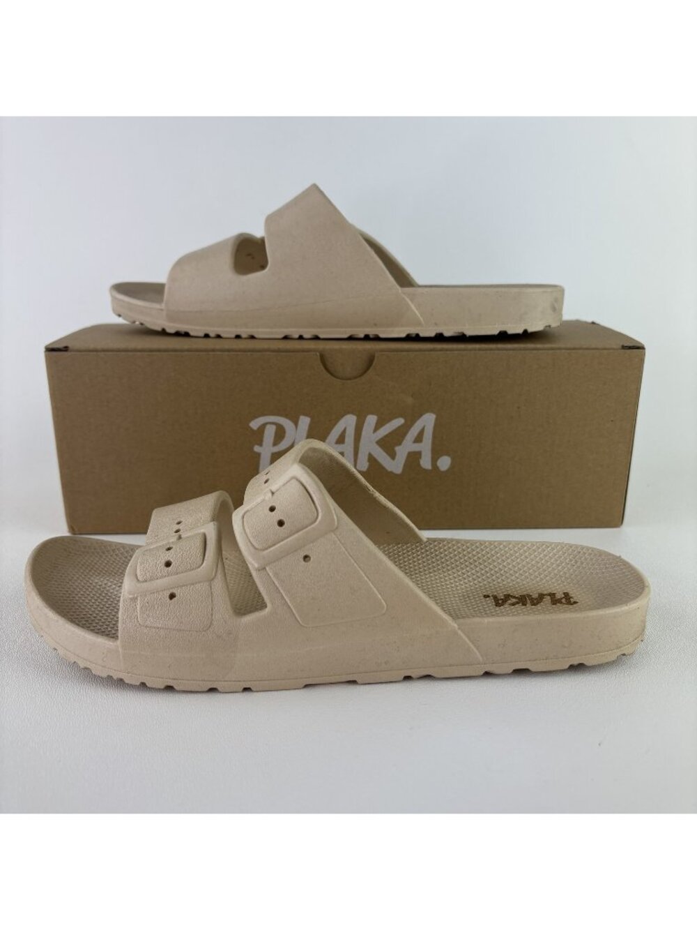 Plaka Genesis Women's Two Strap Slide Sandals US 9 Natural Tan Beige